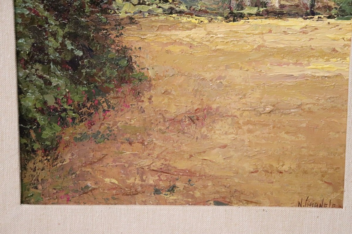 Campagne italienne, peinture à l'huile du 20e siècle, signée-photo-4