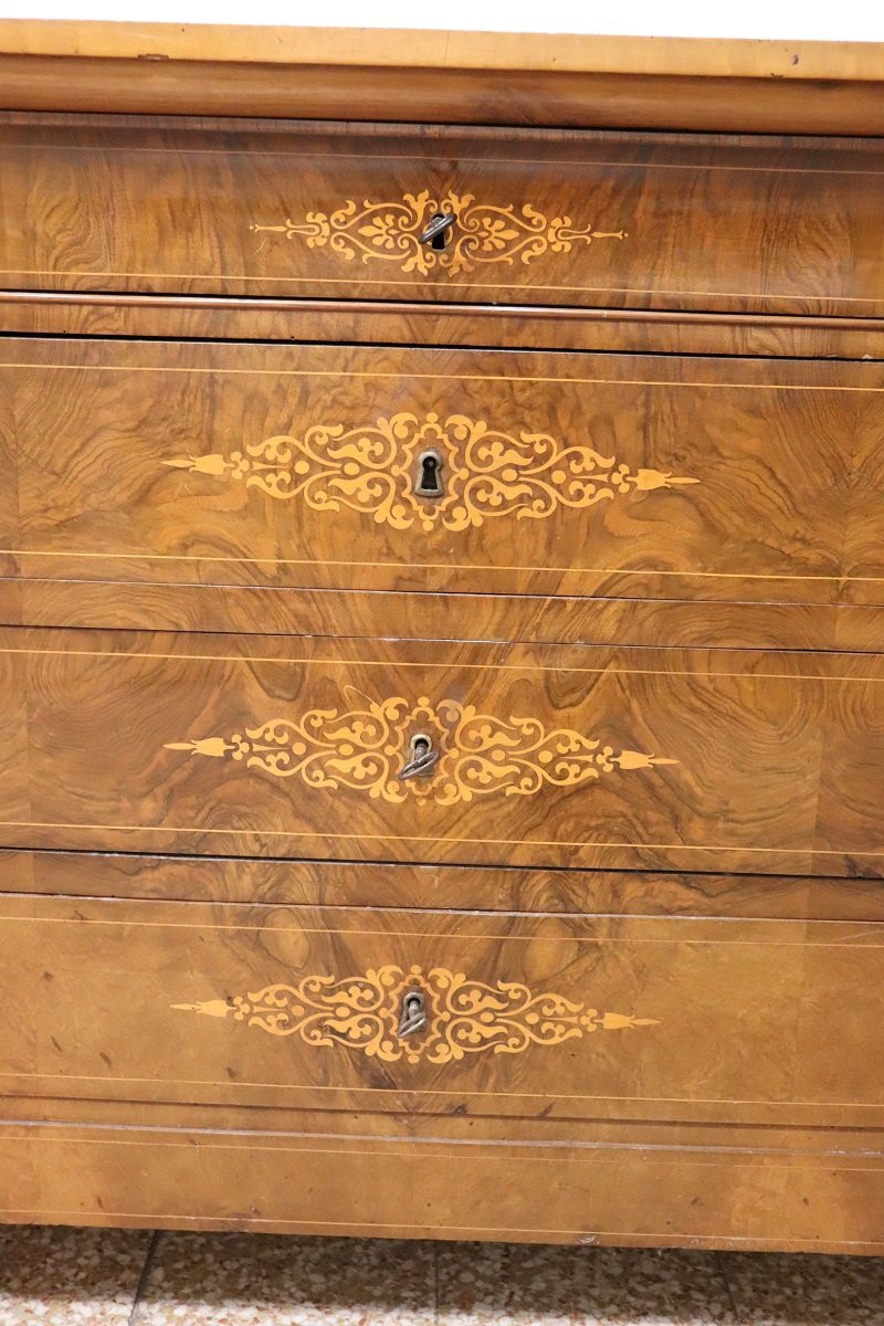 Antique Chest Of Drawers In Inlaid Walnut, Italy Early 19th Century-photo-4