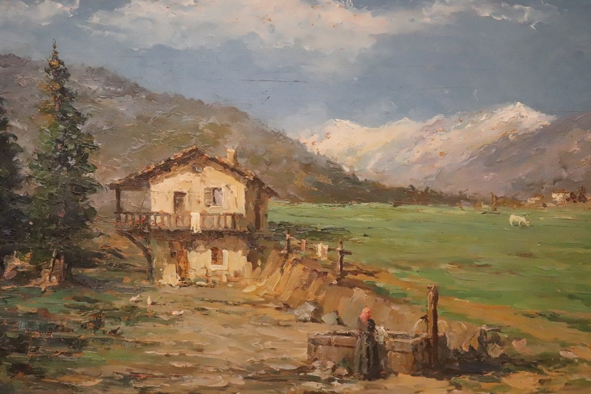 Paysage italien de vallée montagneuse, peinture à l'huile signée, 20e siècle-photo-3