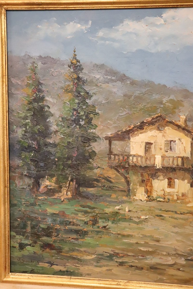 Paysage italien de vallée montagneuse, peinture à l'huile signée, 20e siècle-photo-4