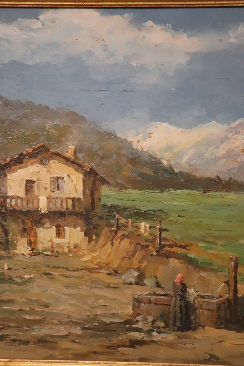 Paysage italien de vallée montagneuse, peinture à l'huile signée, 20e siècle-photo-1