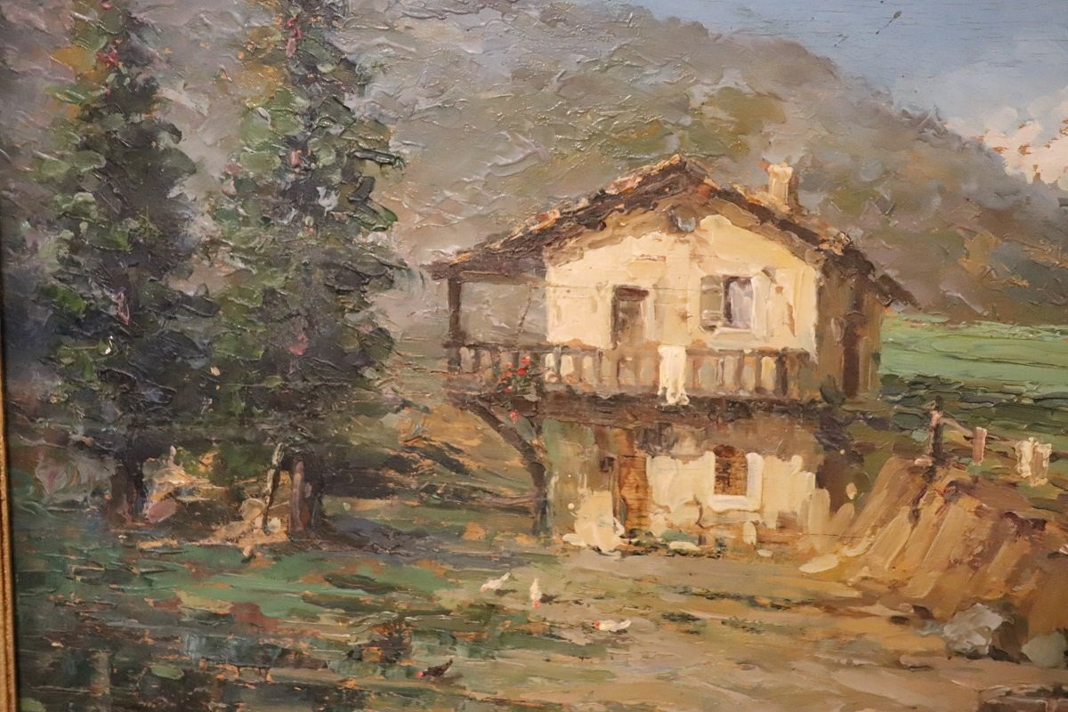 Paysage italien de vallée montagneuse, peinture à l'huile signée, 20e siècle-photo-5