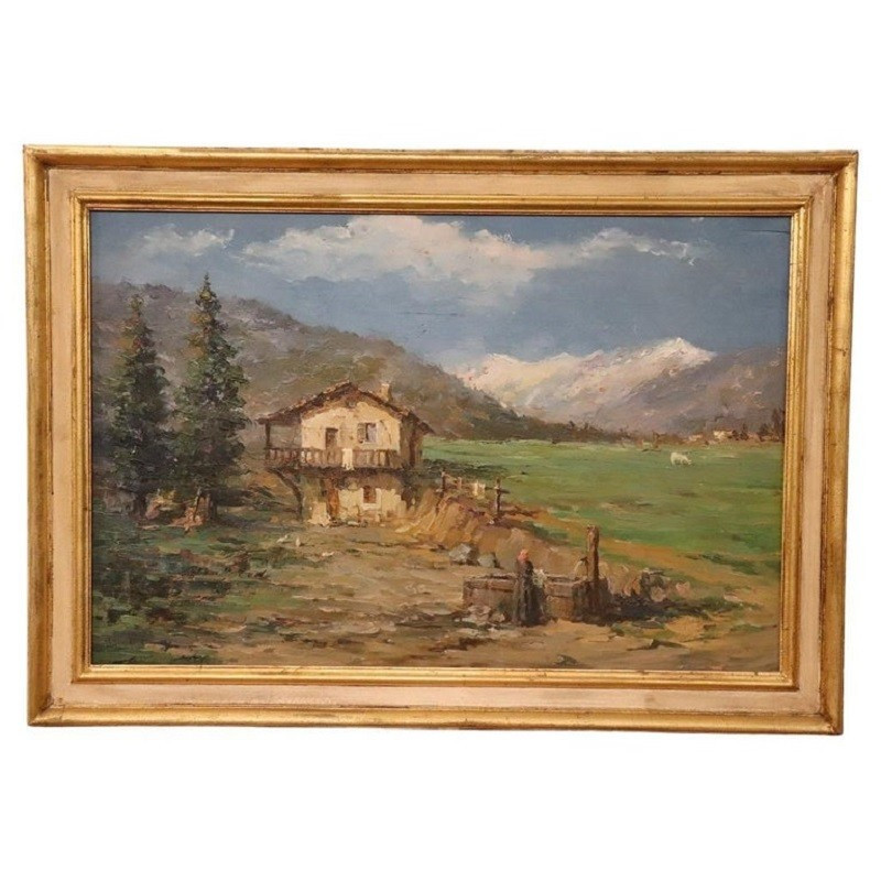 Paysage italien de vallée montagneuse, peinture à l'huile signée, 20e siècle