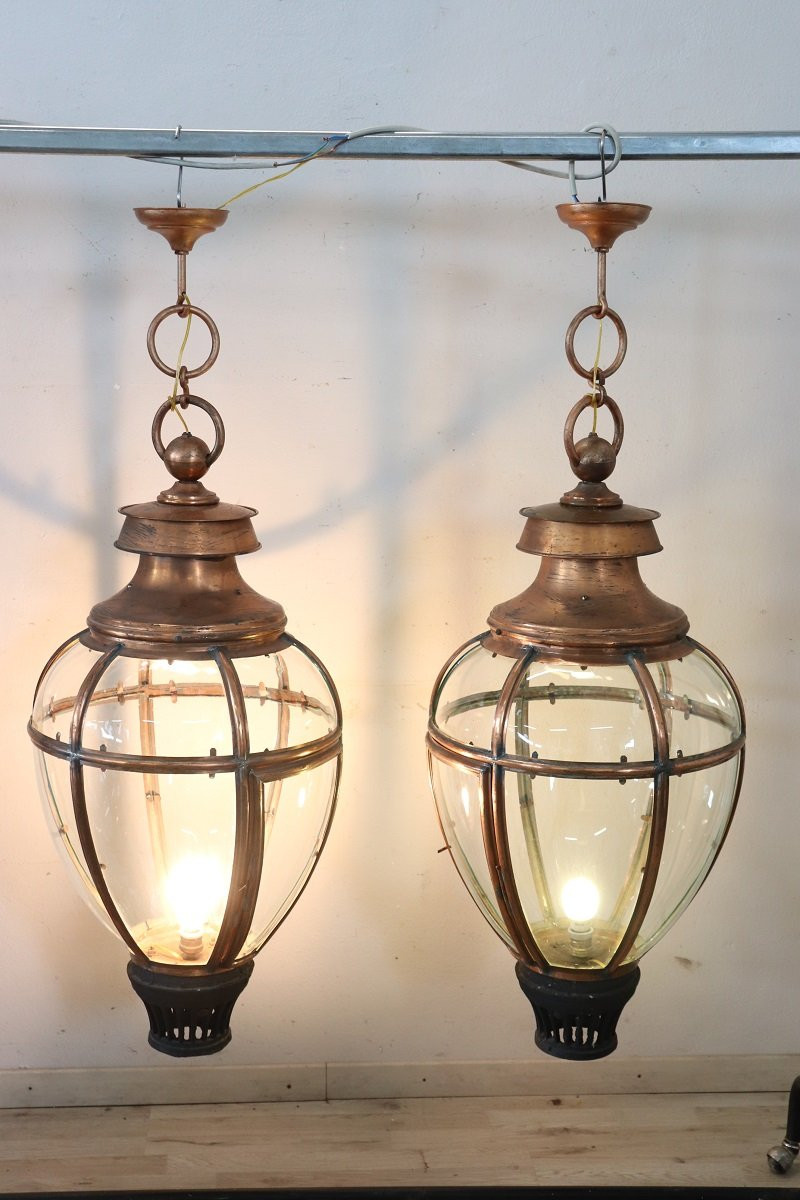 Large Vintage Copper And Glass Lanterns-photo-2