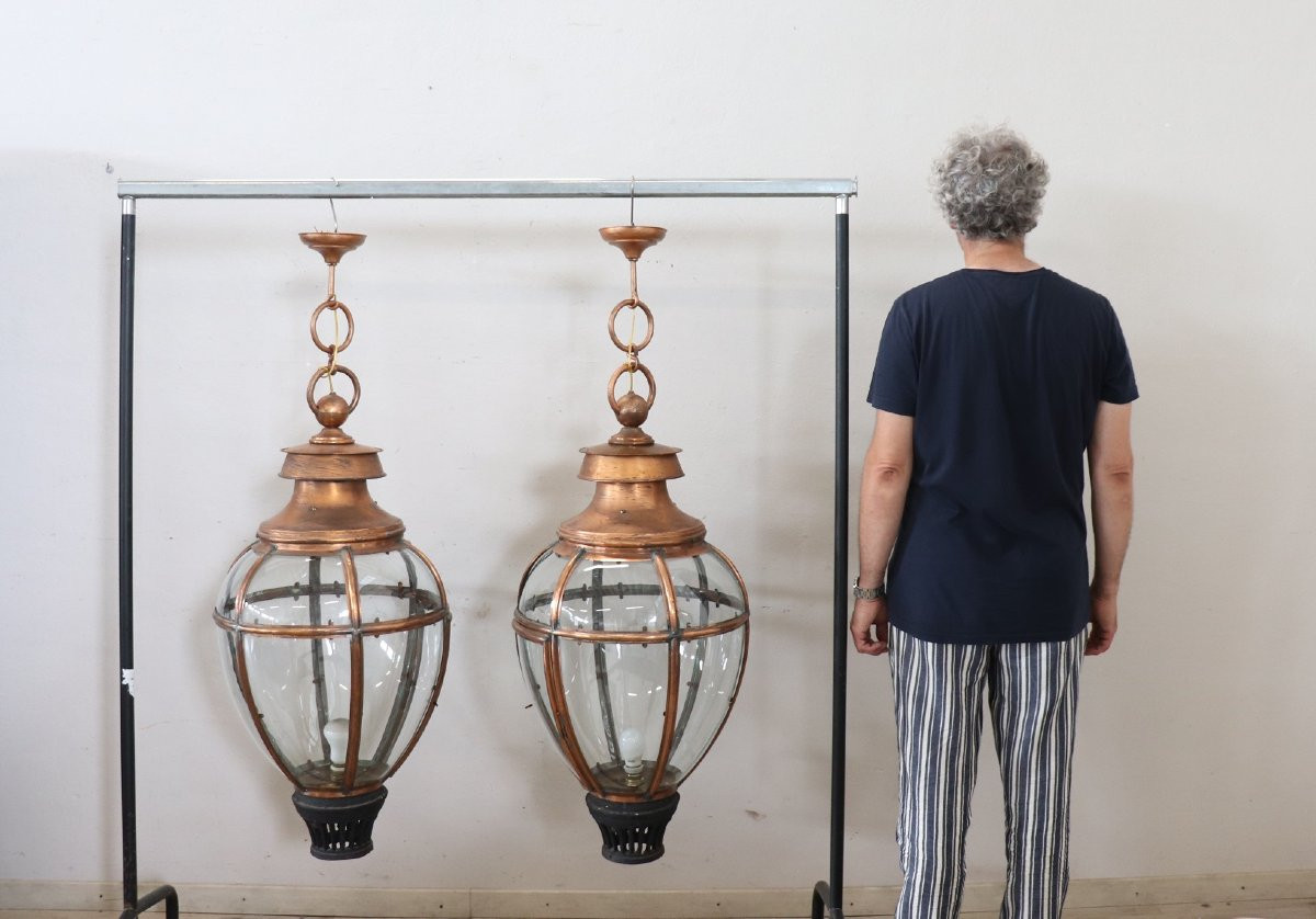 Large Vintage Copper And Glass Lanterns-photo-7