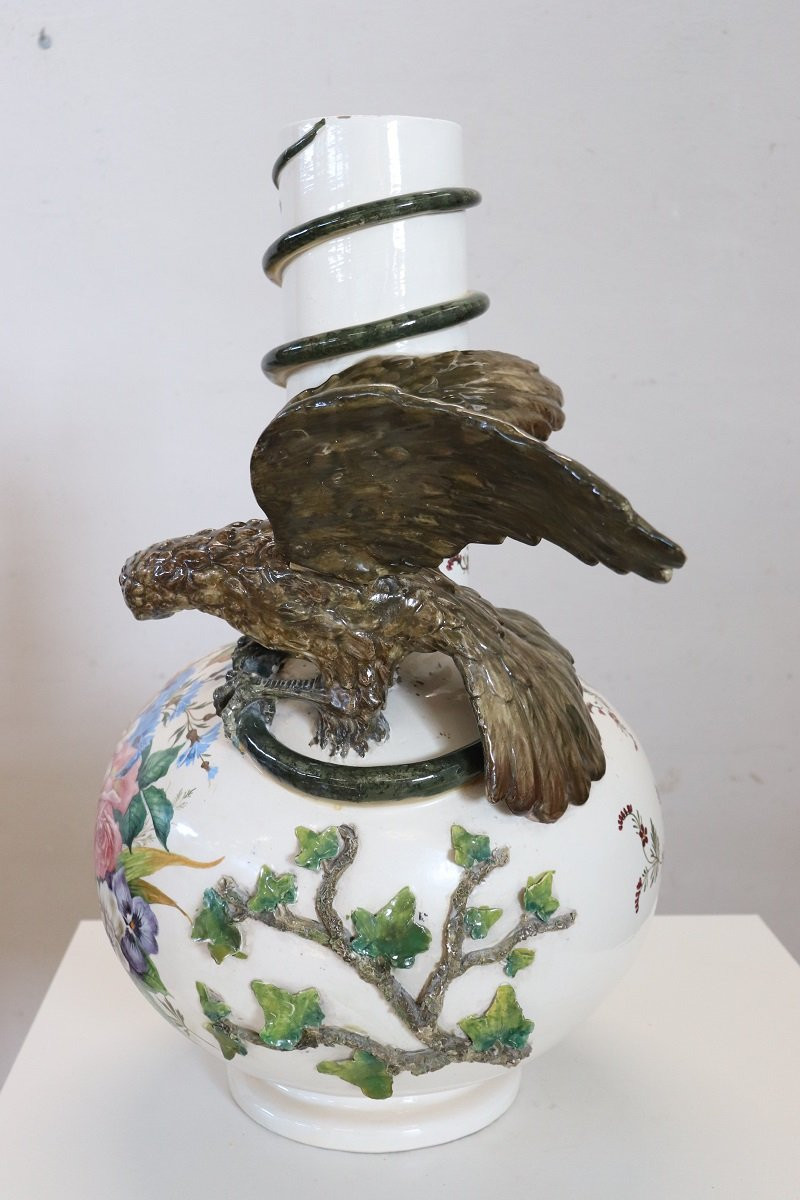 Vase majestueux en céramique avec aigle et crocodile, Italie, début du 20e siècle-photo-3