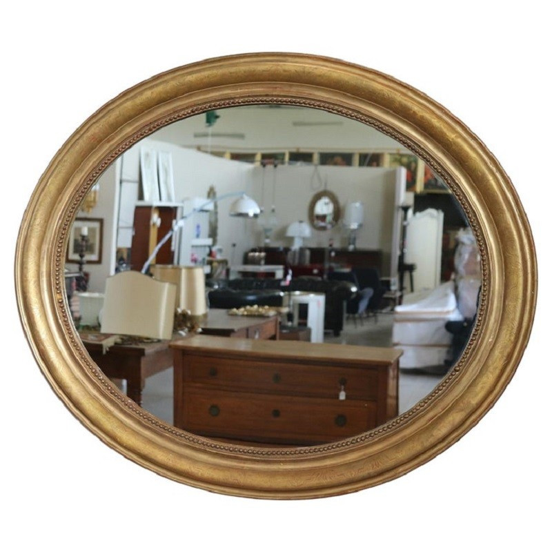 Antique Gilt Wood Oval Wall Mirror, 19th Century