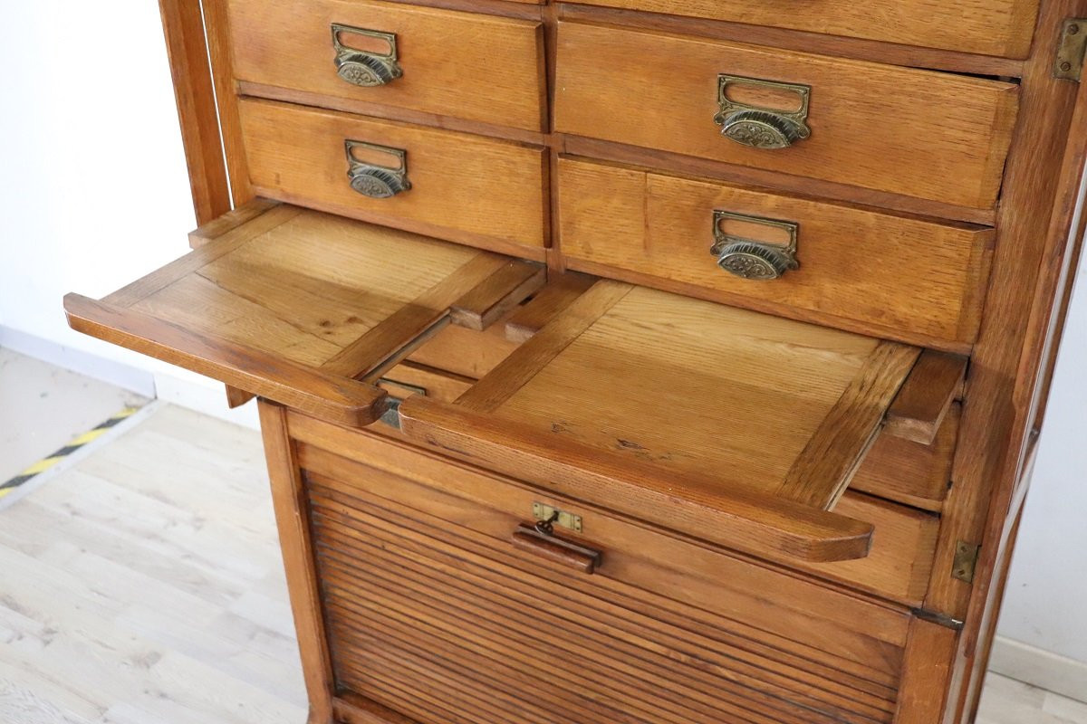 Filing Cabinet With 18 Drawers And Shutter Door In Oak Wood, Italy 1920s-photo-3