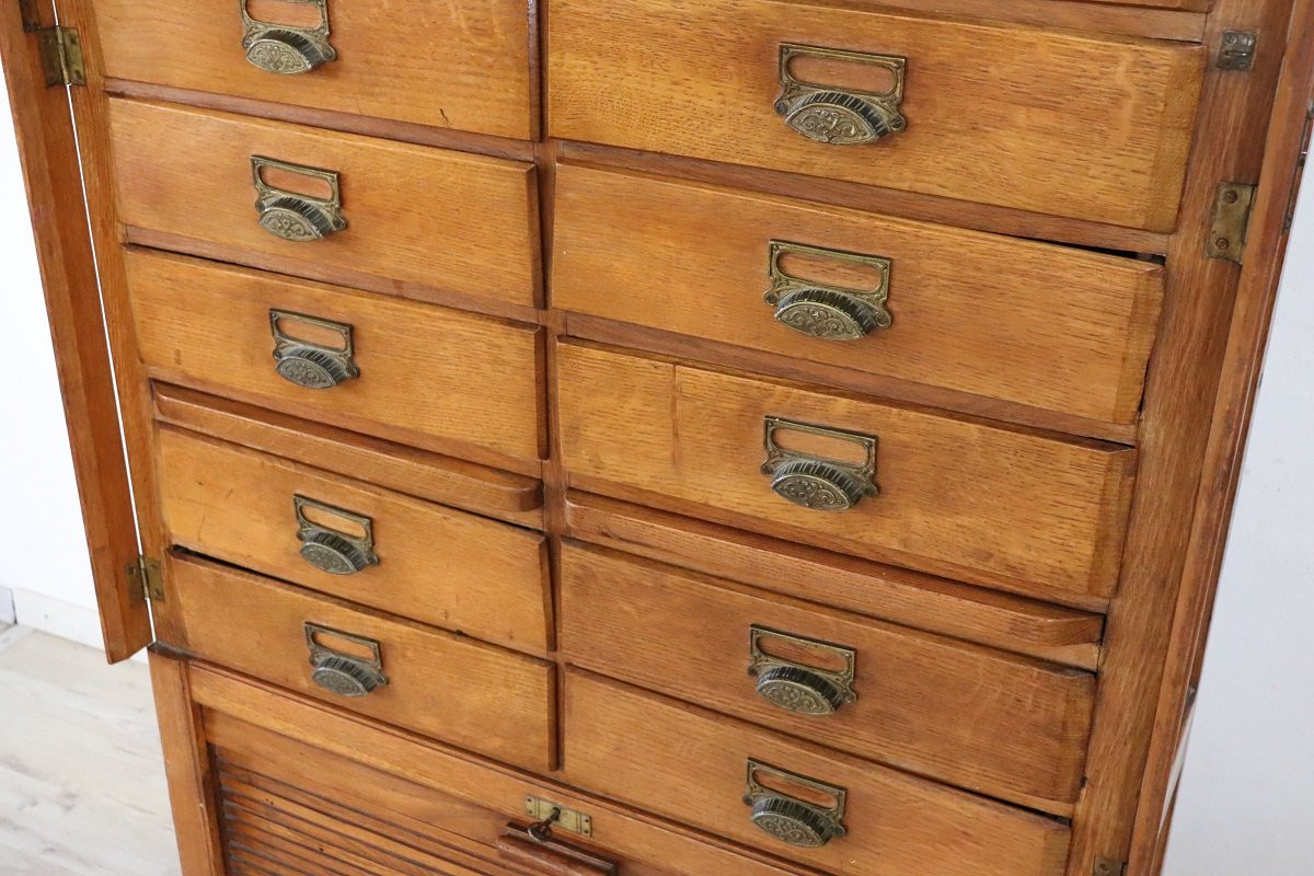Filing Cabinet With 18 Drawers And Shutter Door In Oak Wood, Italy 1920s-photo-4