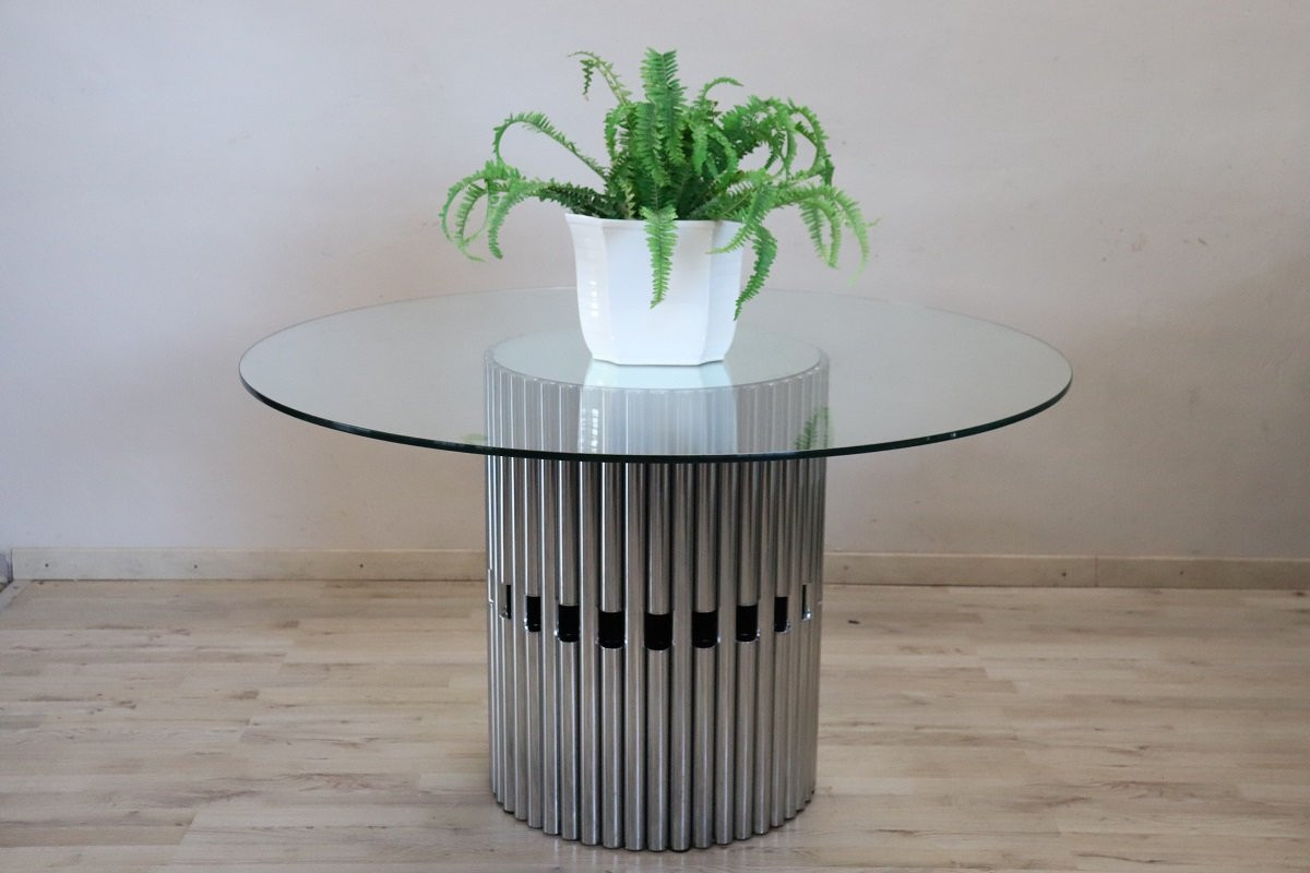 Steel And Glass Round Dining Table, Italy 1970s-photo-3