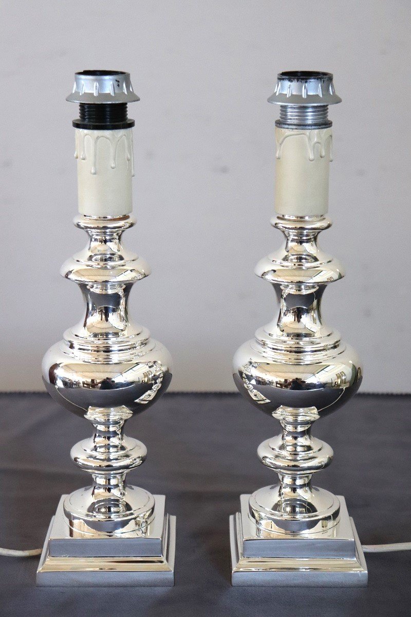 Elegant Silverplate Pair Of Bedside Lamps, Italy 1970s-photo-2