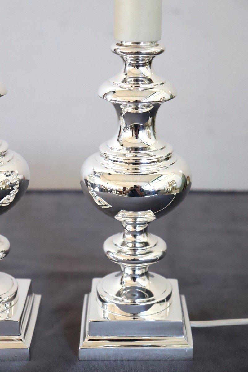 Elegant Silverplate Pair Of Bedside Lamps, Italy 1970s-photo-4