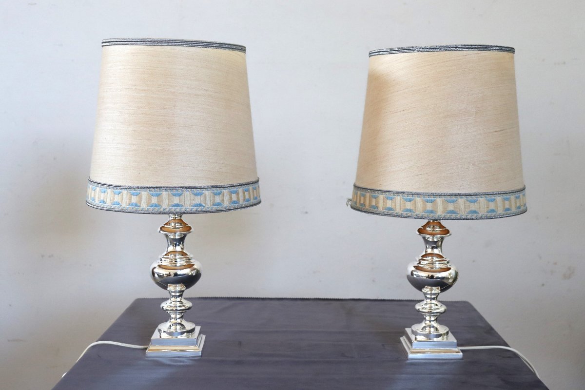 Elegant Silverplate Pair Of Bedside Lamps, Italy 1970s-photo-2