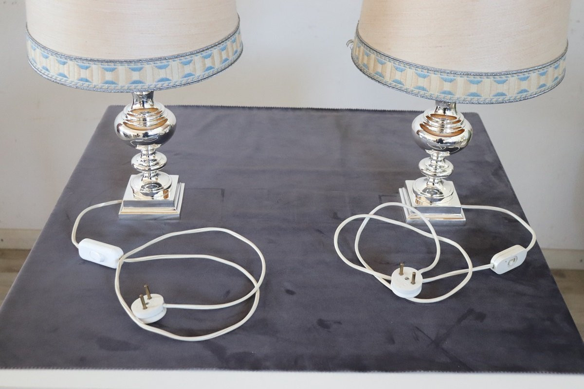 Elegant Silverplate Pair Of Bedside Lamps, Italy 1970s-photo-5