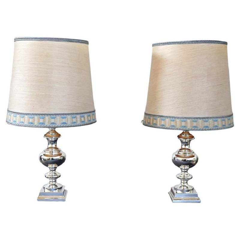 Elegant Silverplate Pair Of Bedside Lamps, Italy 1970s