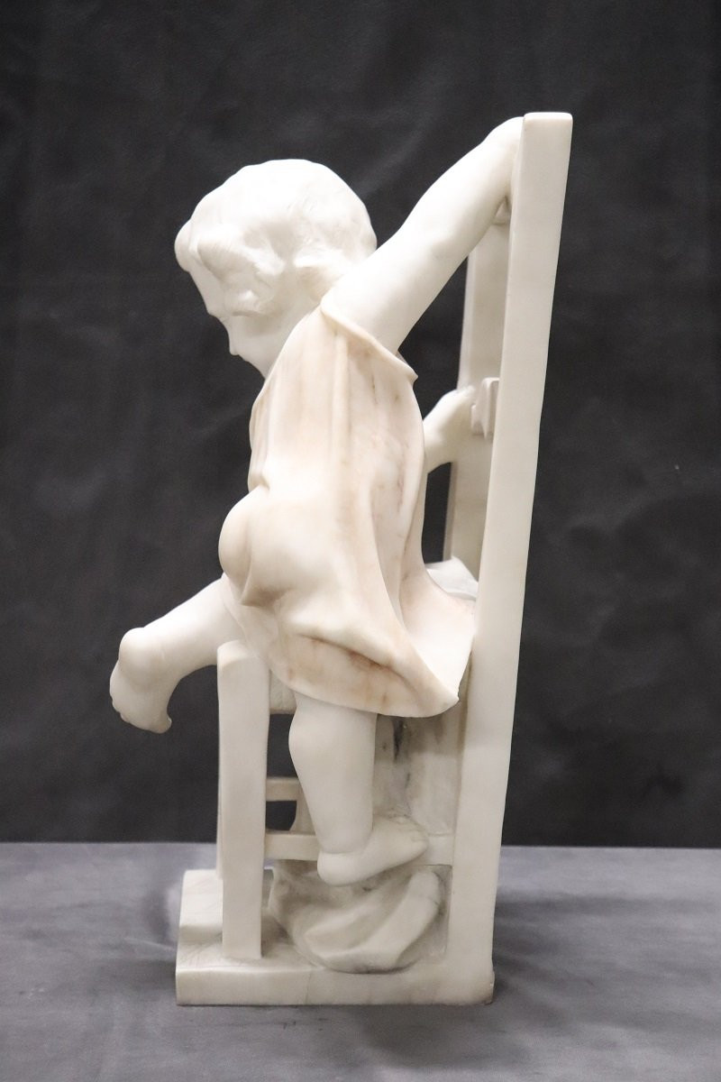 Child Gets Off Chair, 19th Century Italian Marble Sculpture, Signed-photo-3