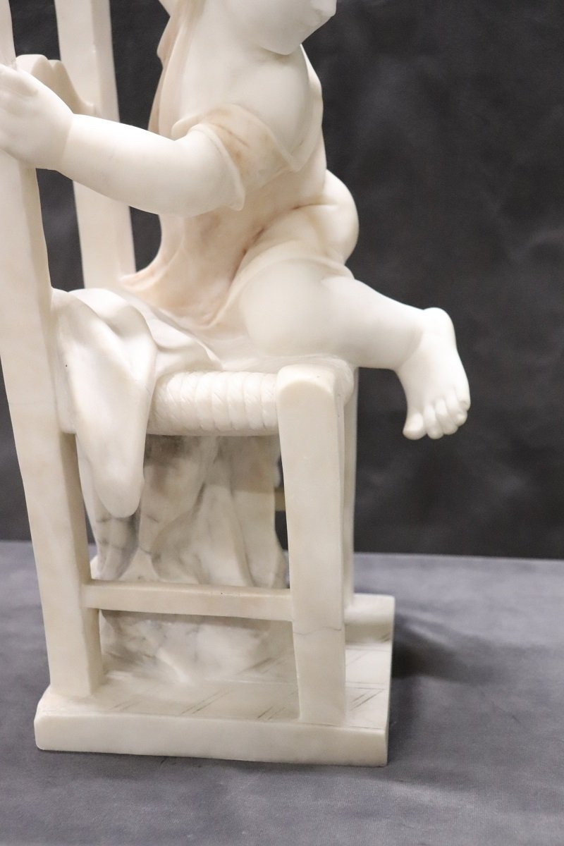 Child Gets Off Chair, 19th Century Italian Marble Sculpture, Signed-photo-1