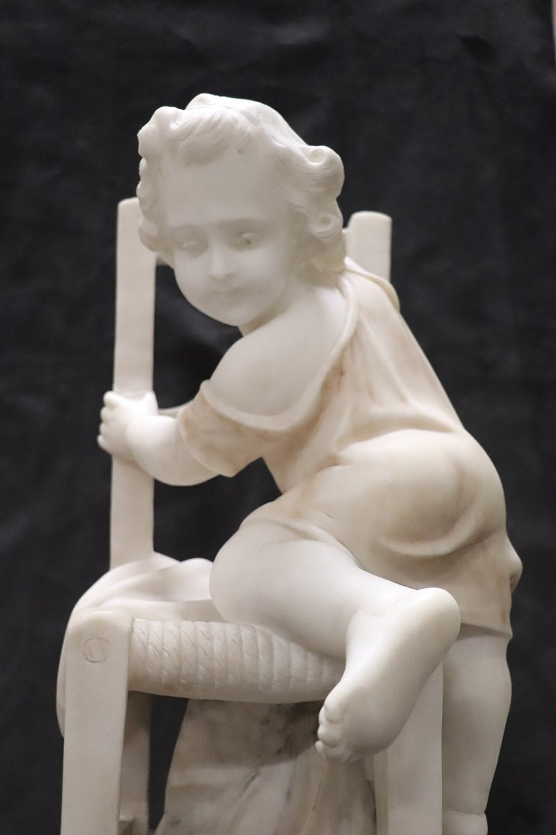 Child Gets Off Chair, 19th Century Italian Marble Sculpture, Signed-photo-3