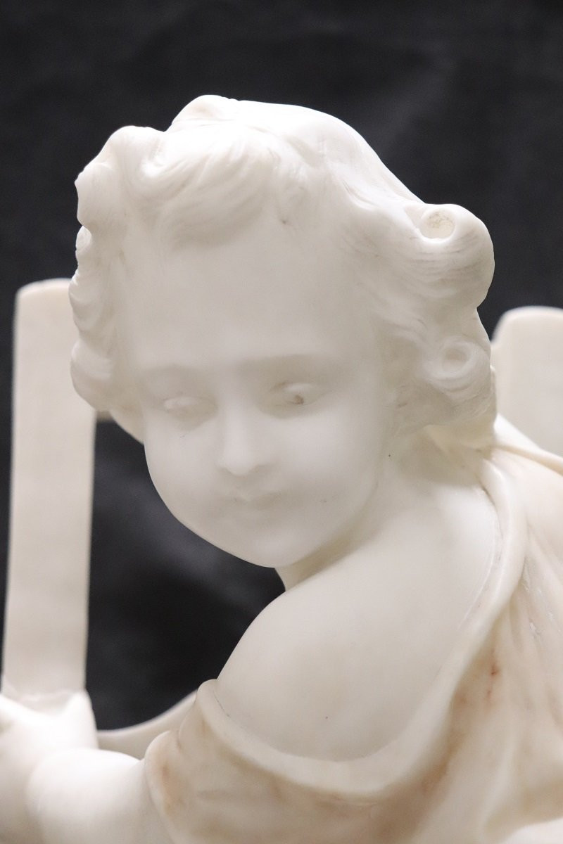Child Gets Off Chair, 19th Century Italian Marble Sculpture, Signed-photo-4
