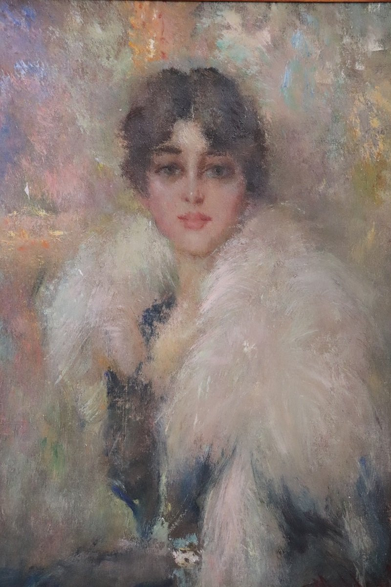 Peinture à l'huile sur toile, Portrait d'une jeune femme, Italie. Signée et datée de 1917-photo-2