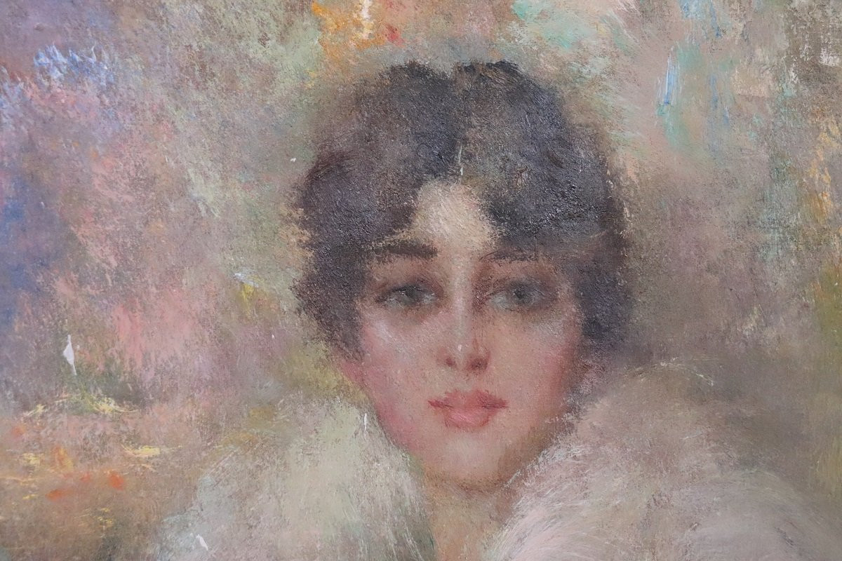 Peinture à l'huile sur toile, Portrait d'une jeune femme, Italie. Signée et datée de 1917-photo-3