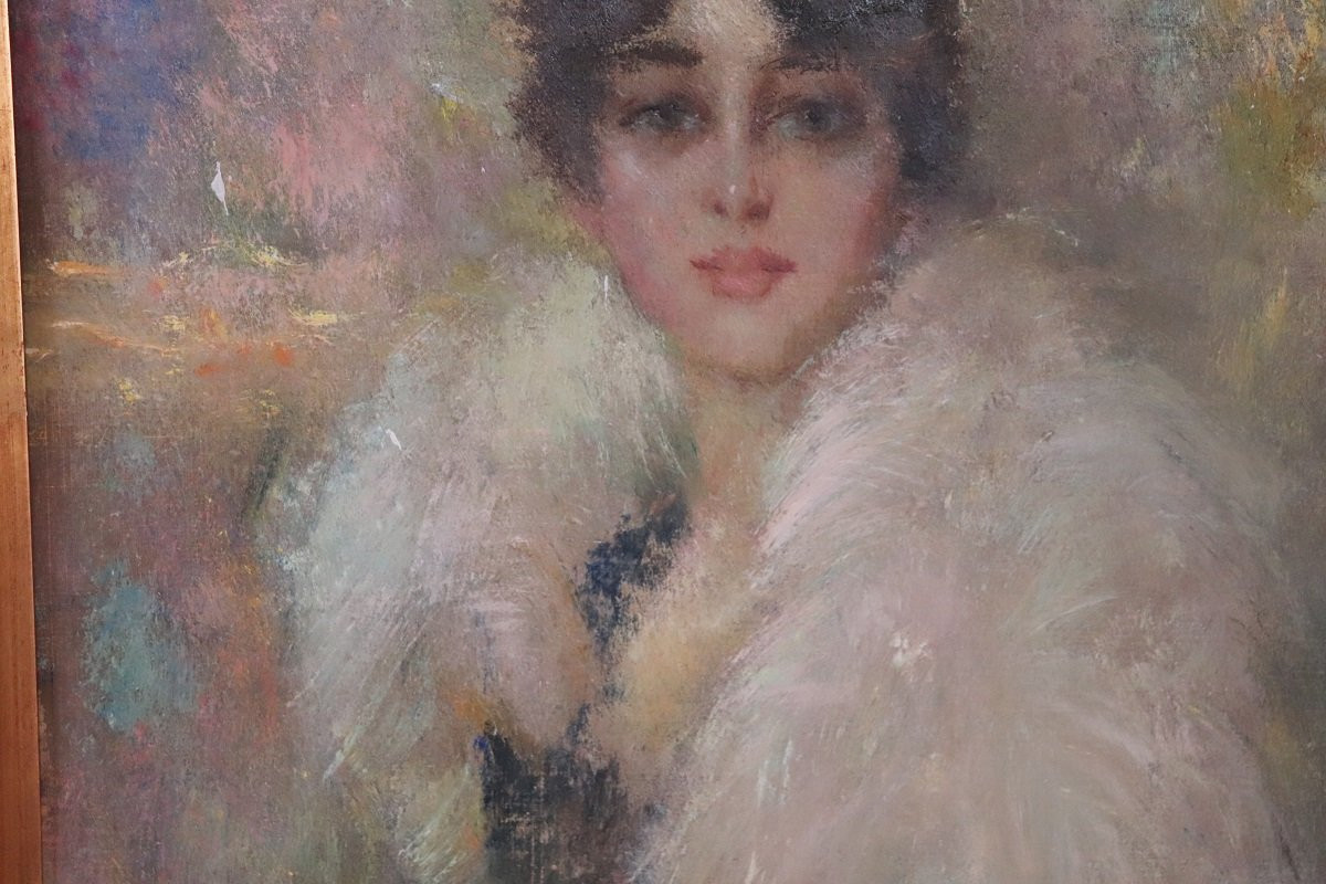 Peinture à l'huile sur toile, Portrait d'une jeune femme, Italie. Signée et datée de 1917-photo-4
