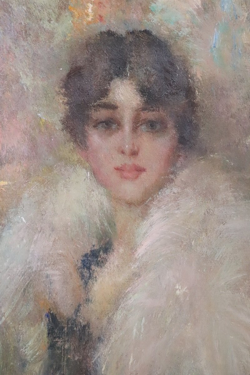Peinture à l'huile sur toile, Portrait d'une jeune femme, Italie. Signée et datée de 1917-photo-7