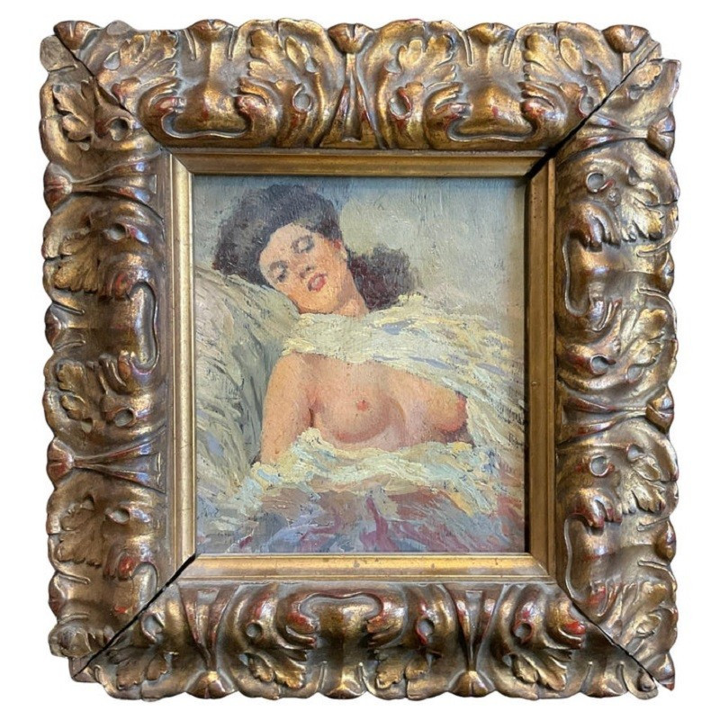 Nu d'une jeune femme, peinture à l'huile sur bois, Italie, début du XXe siècle