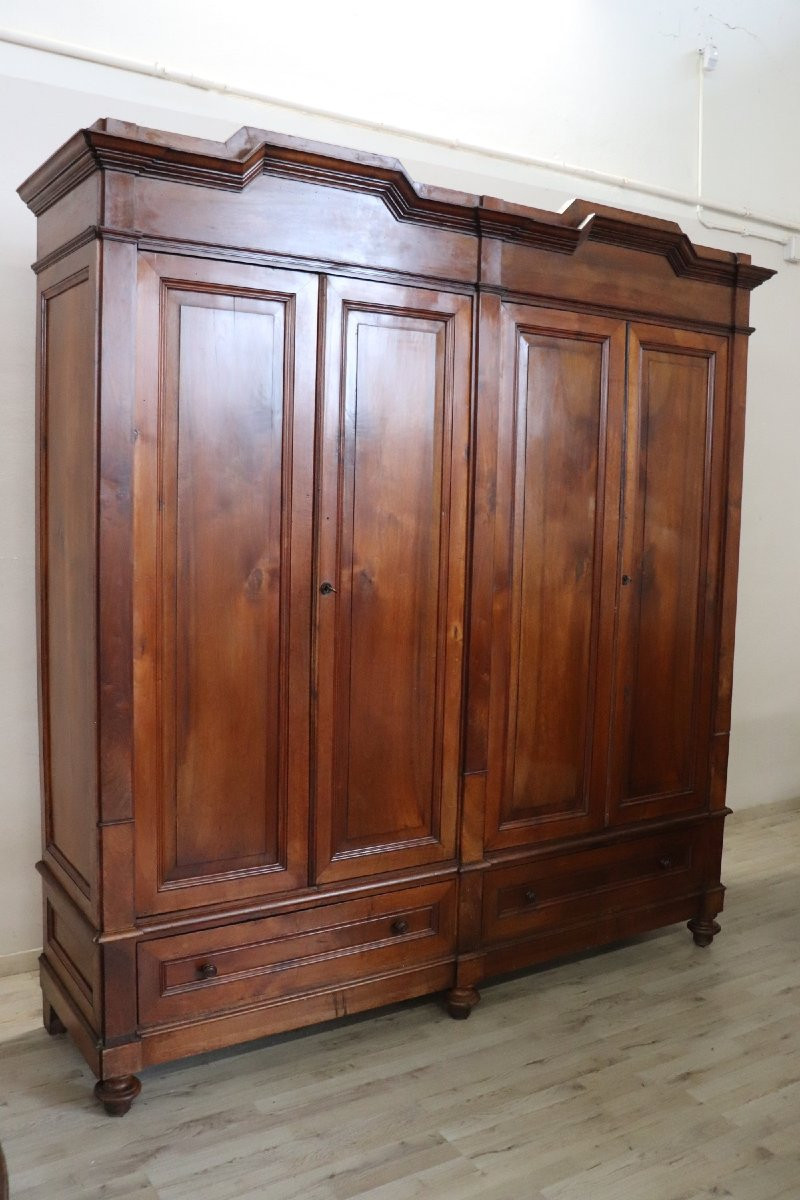 Large Antique Wardrobe In Solid Walnut, Italy Mid 19th Century-photo-2