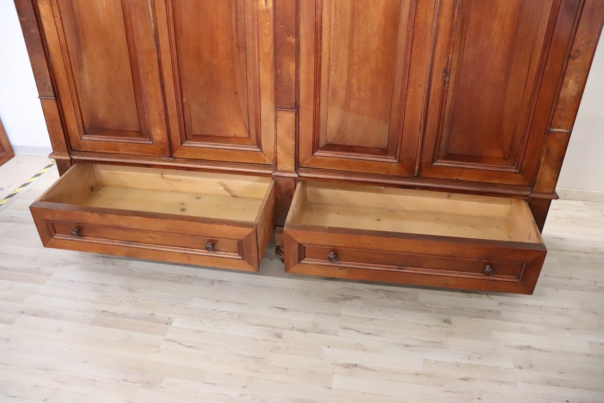 Large Antique Wardrobe In Solid Walnut, Italy Mid 19th Century-photo-4