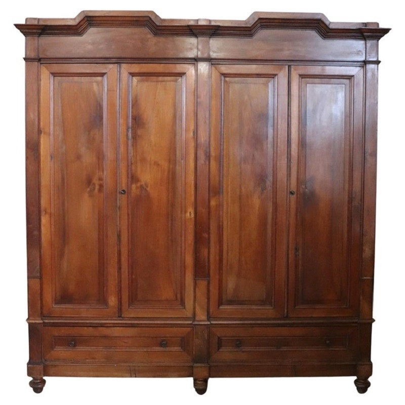 Large Antique Wardrobe In Solid Walnut, Italy Mid 19th Century