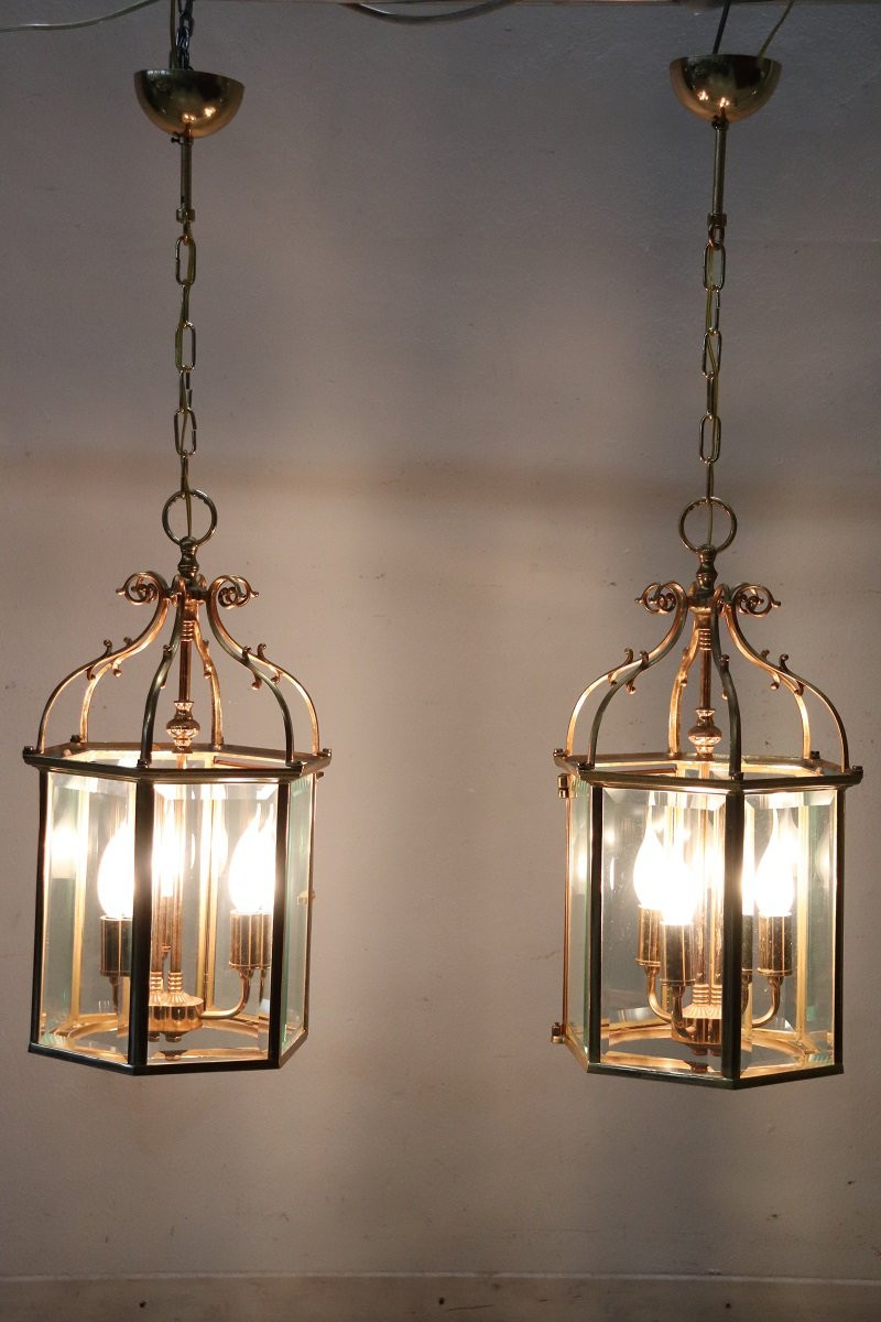 Paire de lanternes vintage en métal doré et verre-photo-2