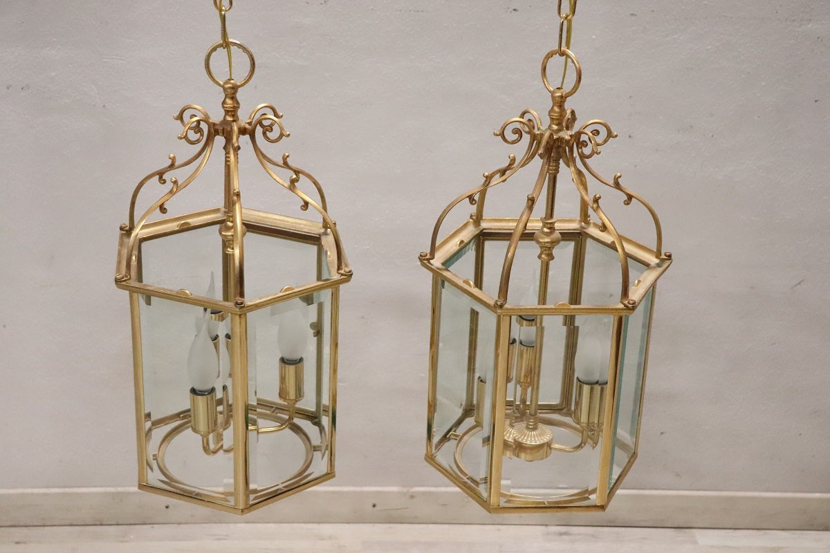 Paire de lanternes vintage en métal doré et verre-photo-3
