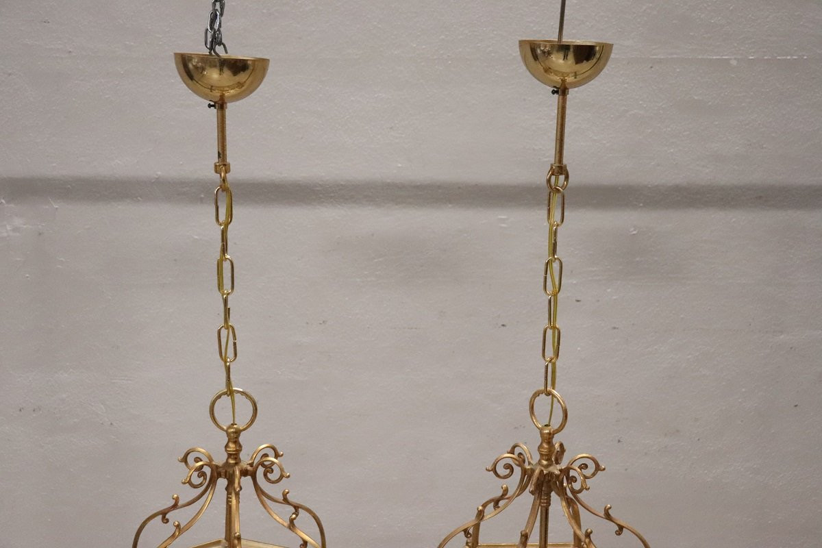 Paire de lanternes vintage en métal doré et verre-photo-4