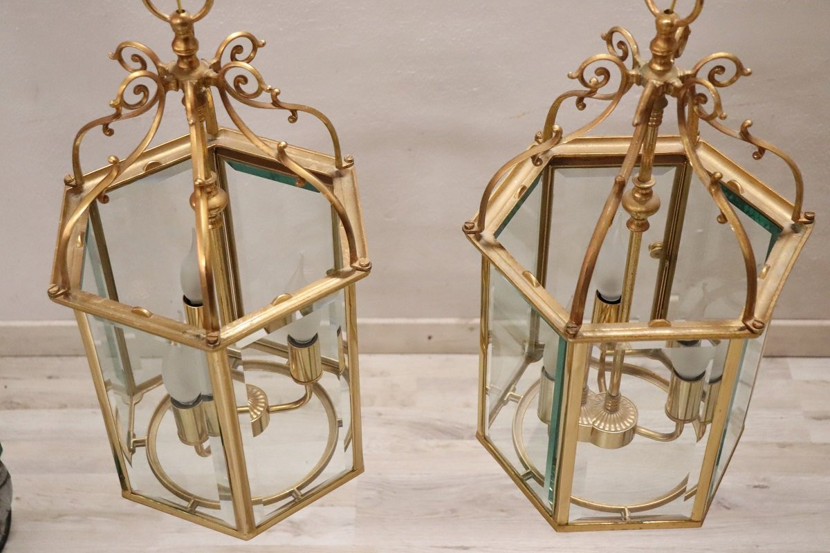 Paire de lanternes vintage en métal doré et verre-photo-7