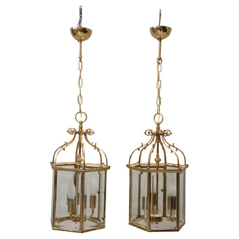 Paire de lanternes vintage en métal doré et verre