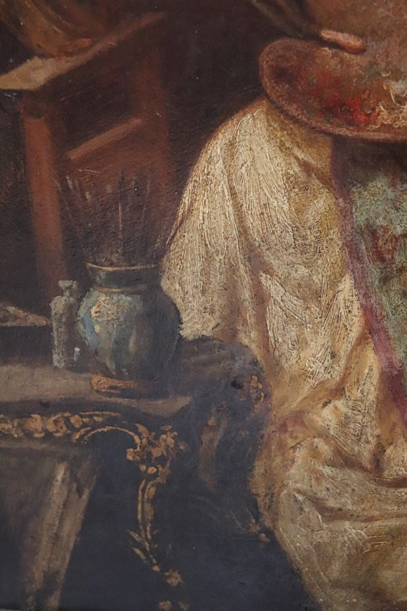 Peinture à l'huile sur carton, Jeune femme peintre avec cardinal, Italie, XIXe siècle-photo-3