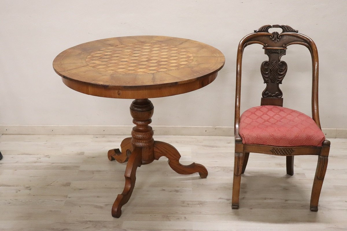 Table ronde ancienne en noyer incrusté, Italie, milieu du XIXe siècle-photo-5