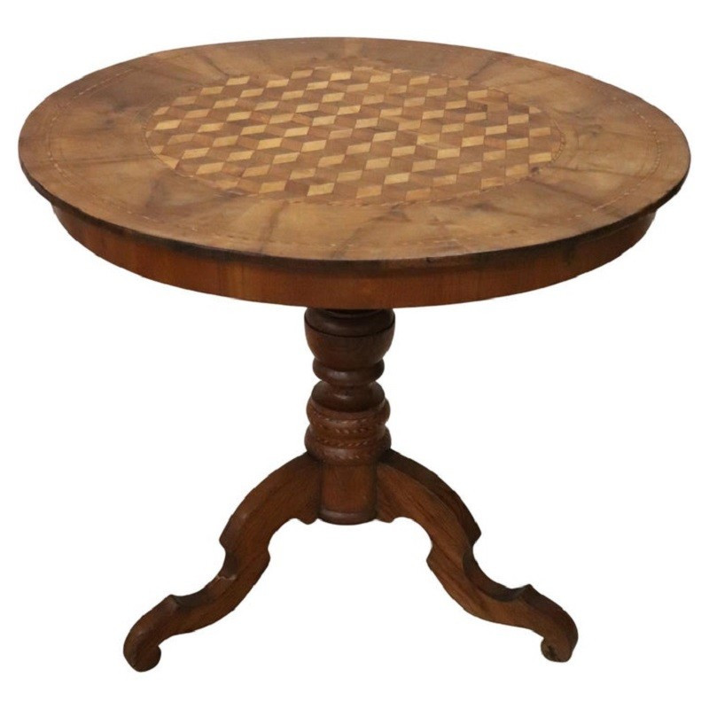 Table ronde ancienne en noyer incrusté, Italie, milieu du XIXe siècle