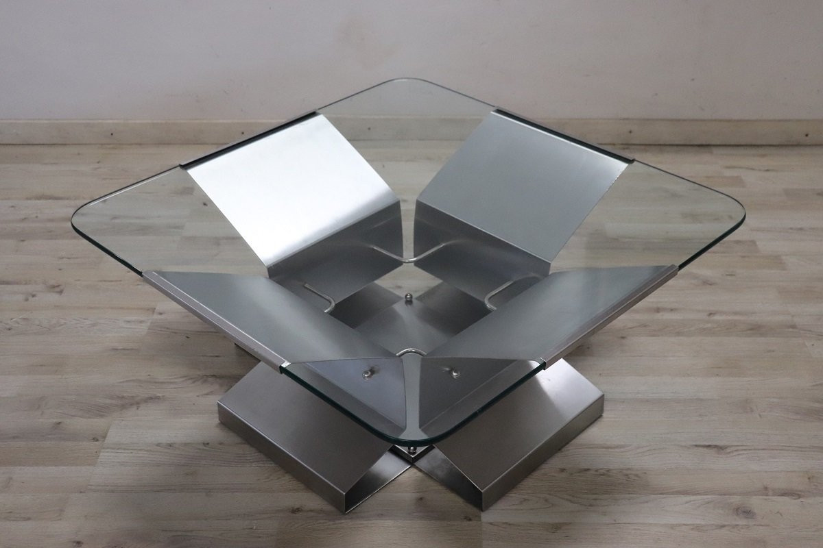 Table basse carrée en acier et verre, Italie, années 1970-photo-1