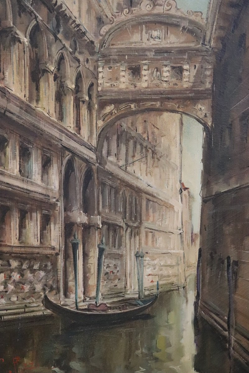 Venise, le Pont des Soupirs, huile sur toile, Italie, XXe siècle, signée C. Rizzi-photo-2