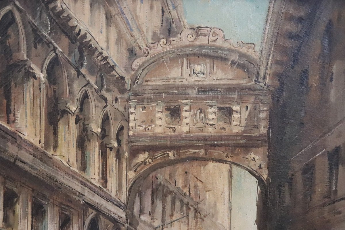 Venise, le Pont des Soupirs, huile sur toile, Italie, XXe siècle, signée C. Rizzi-photo-3
