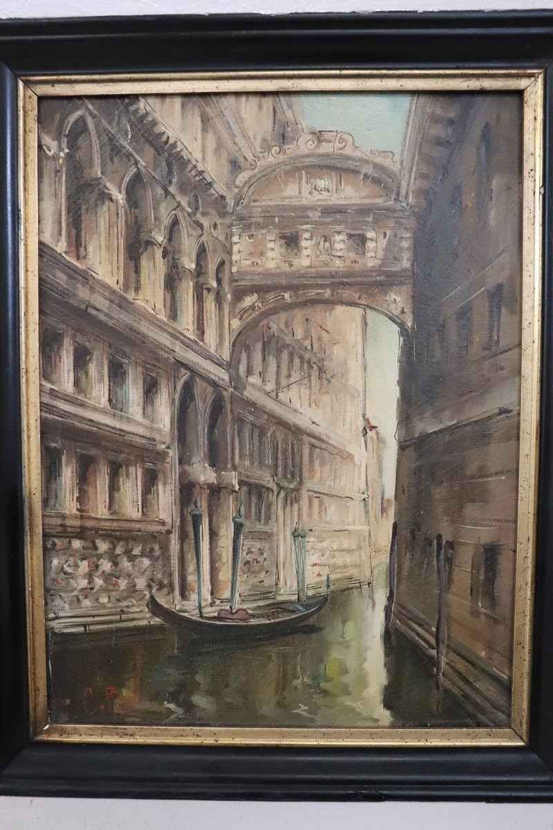 Venise, le Pont des Soupirs, huile sur toile, Italie, XXe siècle, signée C. Rizzi-photo-2