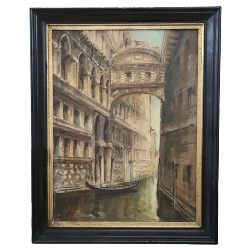 Venise, le Pont des Soupirs, huile sur toile, Italie, XXe siècle, signée C. Rizzi