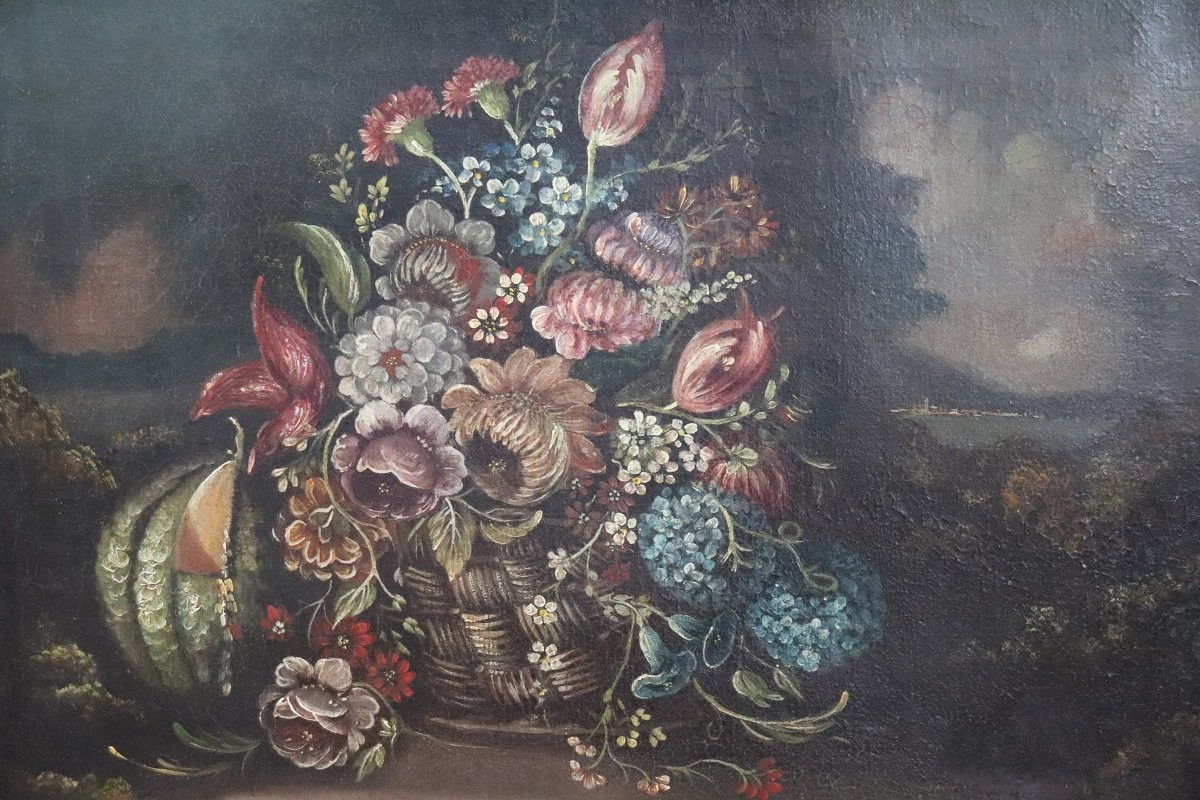 Nature morte aux fleurs, huile sur toile, Italie, XVIIIe siècle-photo-2