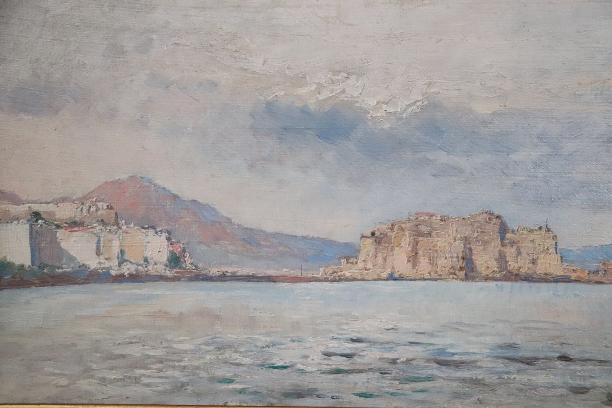View Of The Gulf Of Naples, Oil Painting On Board, Italy Early 20th Century, Signed-photo-3
