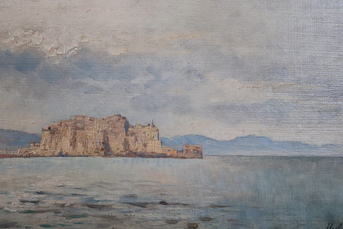View Of The Gulf Of Naples, Oil Painting On Board, Italy Early 20th Century, Signed-photo-3
