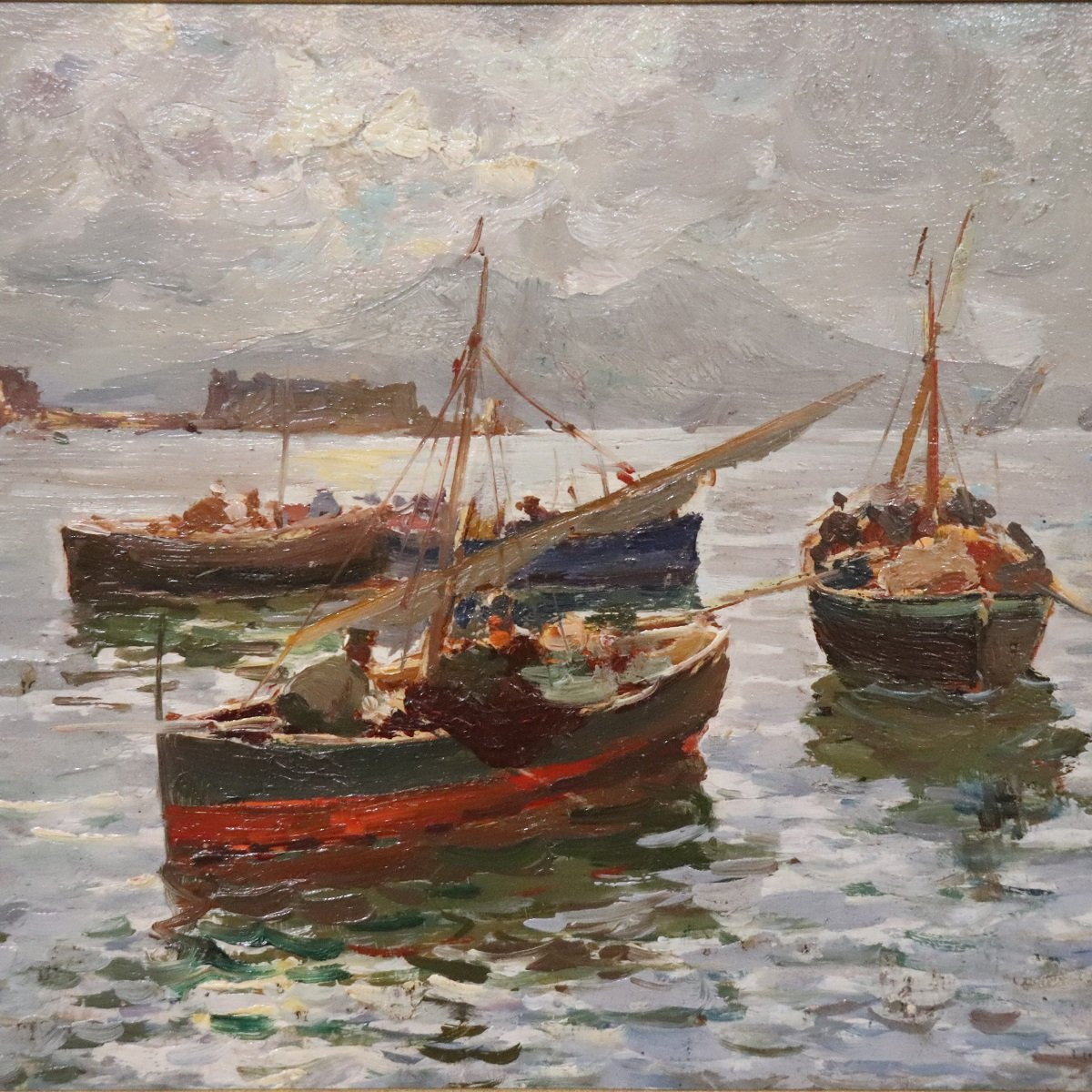 Golfe de Naples avec pêcheurs, signé R. Leone, huile sur panneau, Italie, début du XXe siècle-photo-3