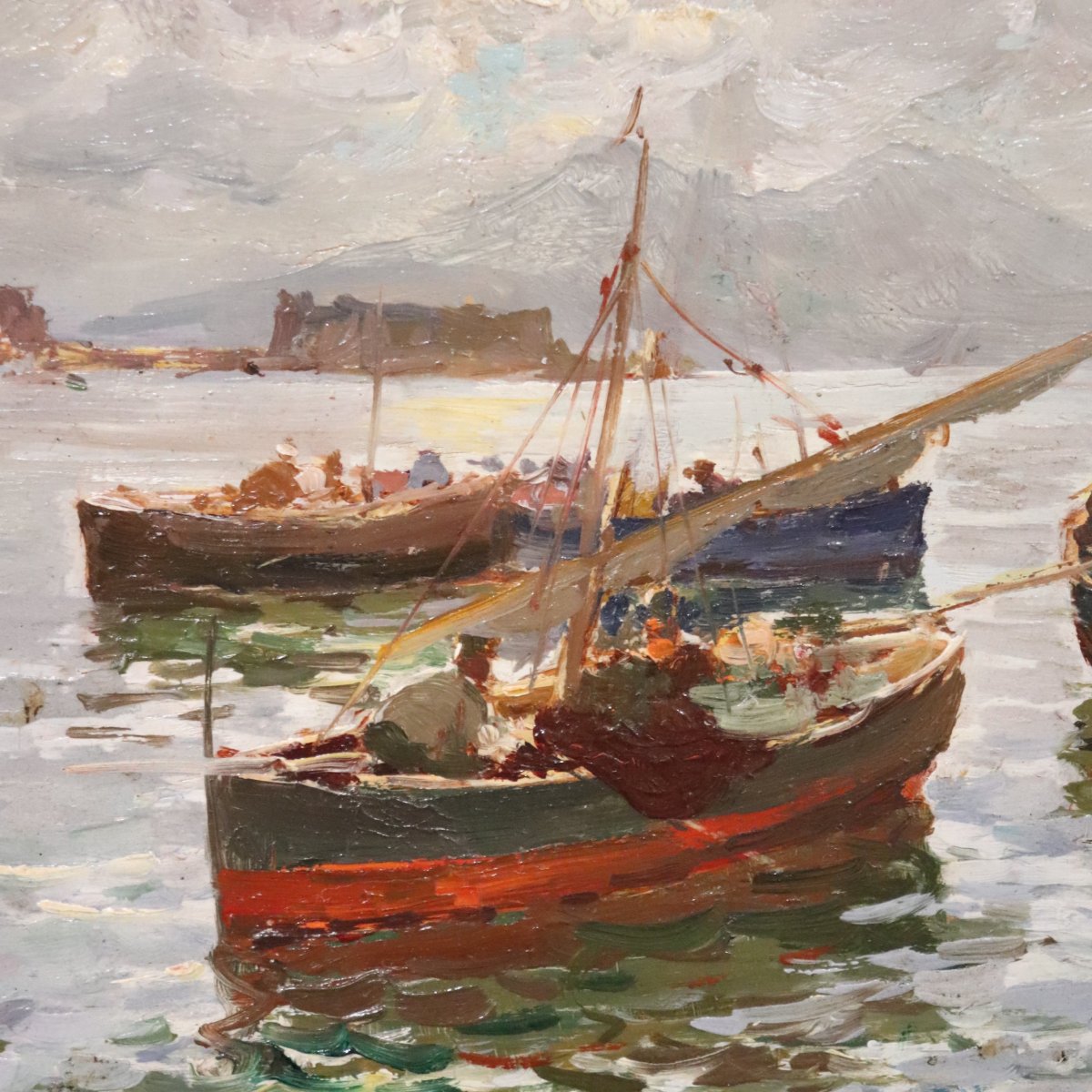 Golfe de Naples avec pêcheurs, signé R. Leone, huile sur panneau, Italie, début du XXe siècle-photo-2