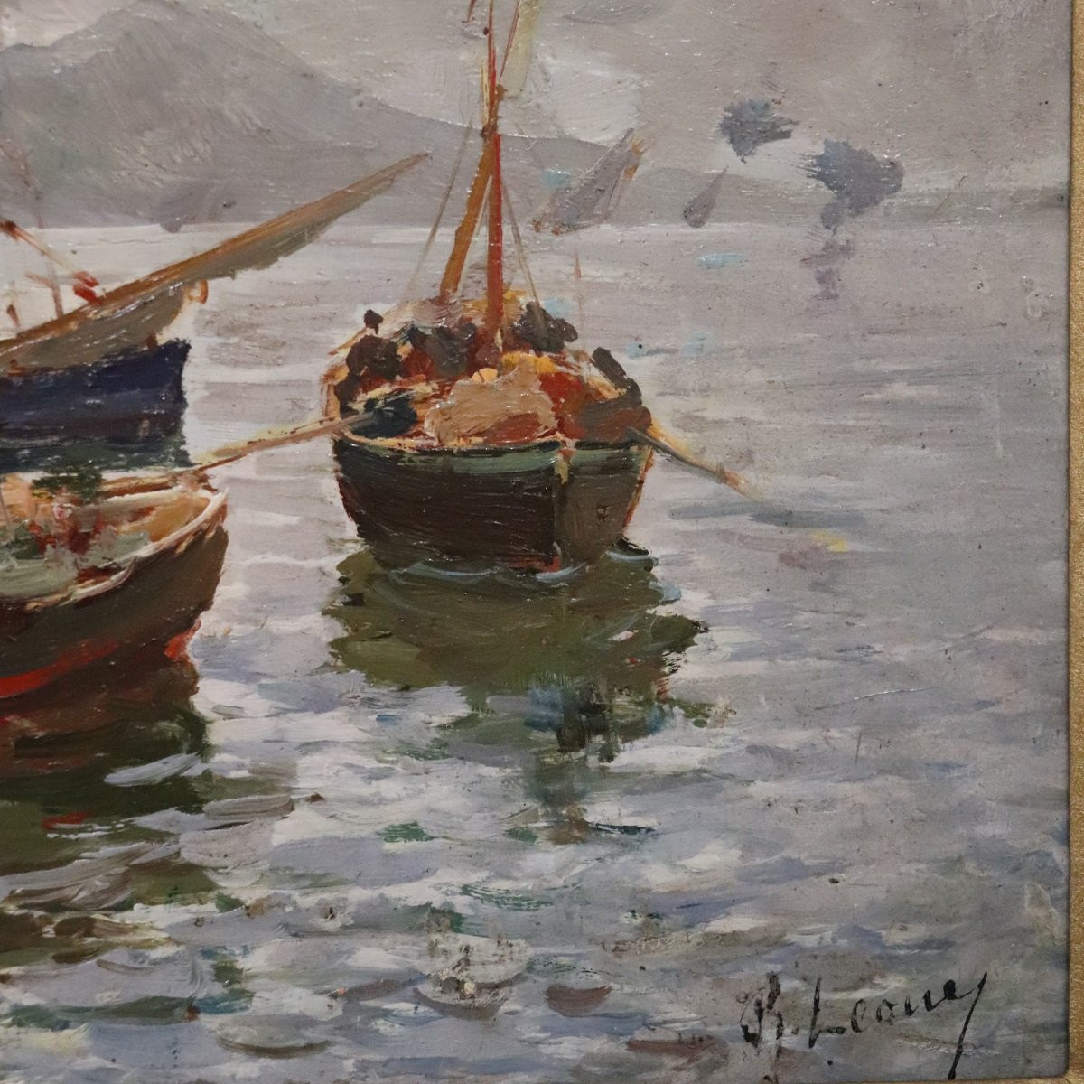 Golfe de Naples avec pêcheurs, signé R. Leone, huile sur panneau, Italie, début du XXe siècle-photo-4